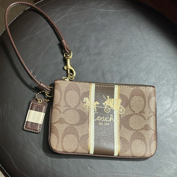 Coach Heritage Stripe Brown khaki and Gold Wristlet - Picture 1 of 4